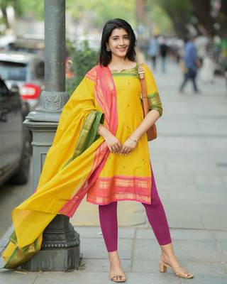 Yellow jacquard weaving kanchi cotton straight kurta dupatta set 5