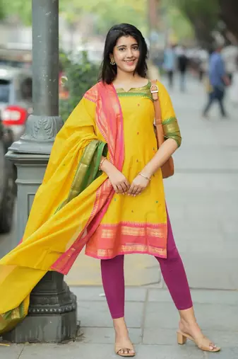 Yellow jacquard weaving kanchi cotton straight kurta dupatta set