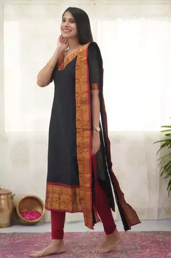 Black jacquard weaving kanchi cotton straight kurta dupatta set