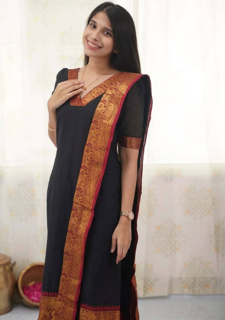 Black jacquard weaving kanchi cotton straight kurta dupatta set