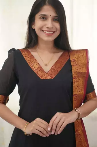 Black jacquard weaving kanchi cotton straight kurta dupatta set