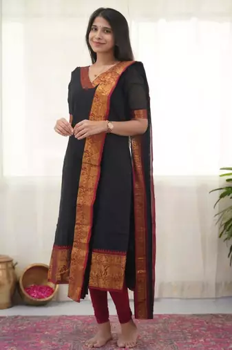 Black jacquard weaving kanchi cotton straight kurta dupatta set