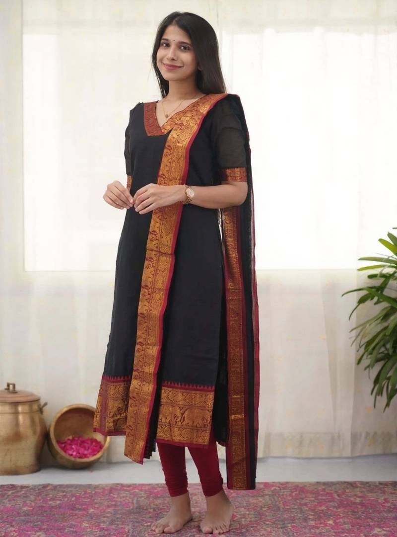 Black jacquard weaving kanchi cotton straight kurta dupatta set