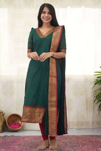 Green jacquard weaving kanchi cotton straight kurta dupatta set