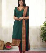 Green jacquard weaving kanchi cotton straight kurta dupatta set