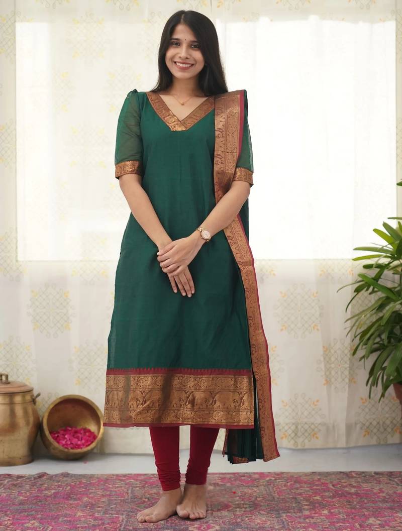Green jacquard weaving kanchi cotton straight kurta dupatta set