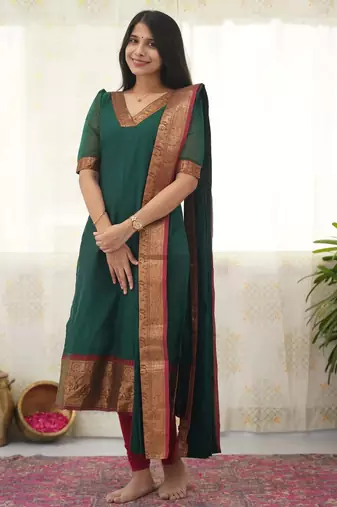 Green jacquard weaving kanchi cotton straight kurta dupatta set