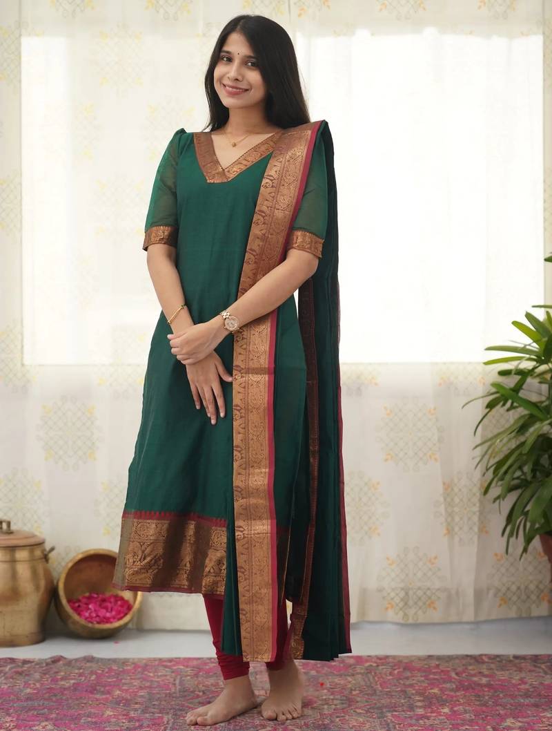 Green jacquard weaving kanchi cotton straight kurta dupatta set