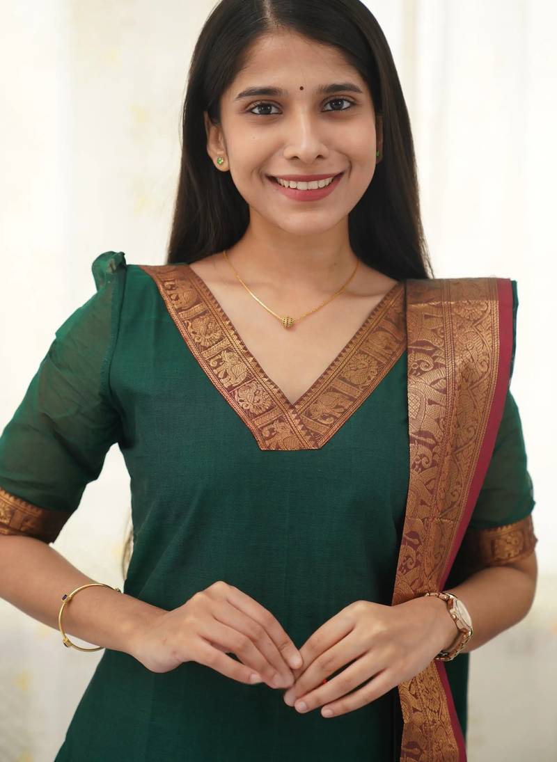 Green jacquard weaving kanchi cotton straight kurta dupatta set