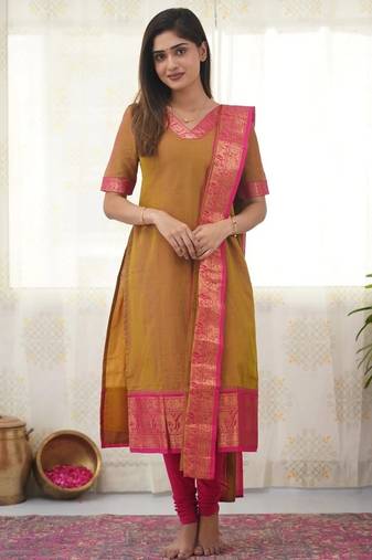 Mustard jacquard weaving kanchi cotton straight kurta dupatta set