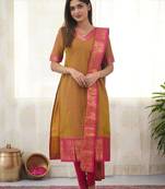 Mustard jacquard weaving kanchi cotton straight kurta dupatta set