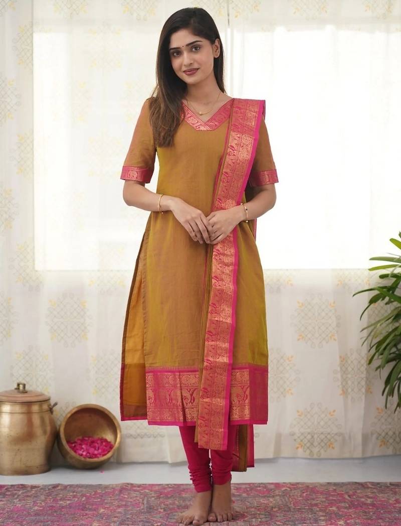 Mustard jacquard weaving kanchi cotton straight kurta dupatta set