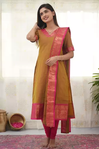 Mustard jacquard weaving kanchi cotton straight kurta dupatta set