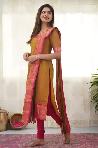 Mustard jacquard weaving kanchi cotton straight kurta dupatta set