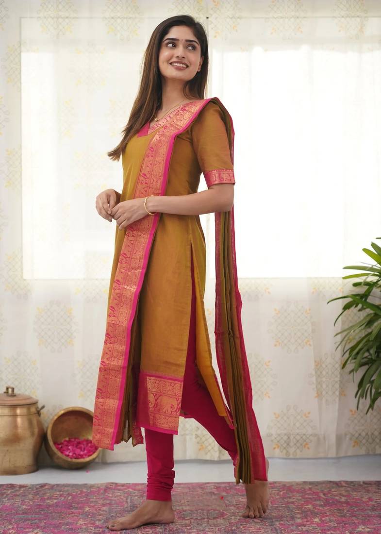 Mustard jacquard weaving kanchi cotton straight kurta dupatta set