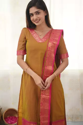 Mustard jacquard weaving kanchi cotton straight kurta dupatta set