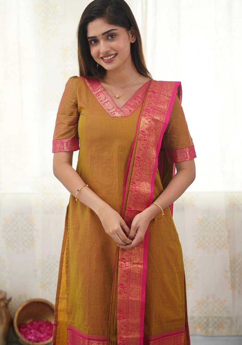 Mustard jacquard weaving kanchi cotton straight kurta dupatta set