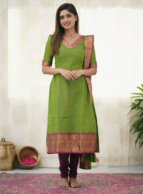 Green jacquard weaving kanchi cotton straight kurta dupatta set 1