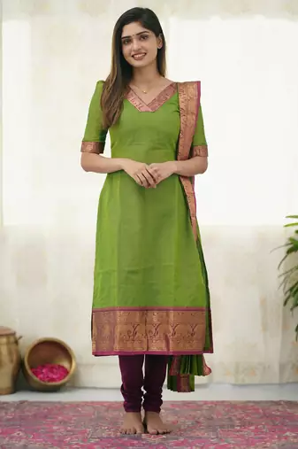 Green jacquard weaving kanchi cotton straight kurta dupatta set