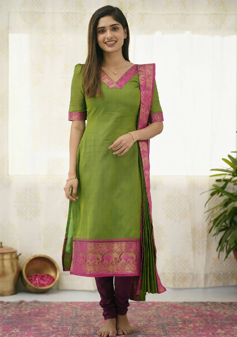 Green jacquard weaving kanchi cotton straight kurta dupatta set