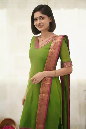 Green jacquard weaving kanchi cotton straight kurta dupatta set