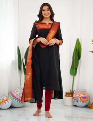 Black jacquard weaving kanchi cotton straight kurta dupatta set 1