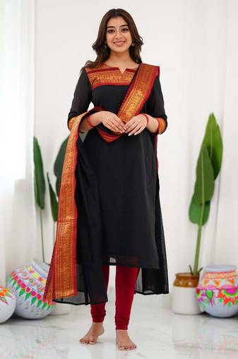 Black jacquard weaving kanchi cotton straight kurta dupatta set