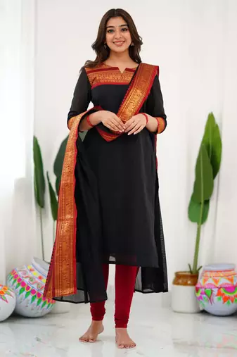 Black jacquard weaving kanchi cotton straight kurta dupatta set