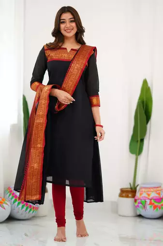 Black jacquard weaving kanchi cotton straight kurta dupatta set
