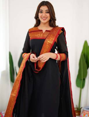 Black jacquard weaving kanchi cotton straight kurta dupatta set 5