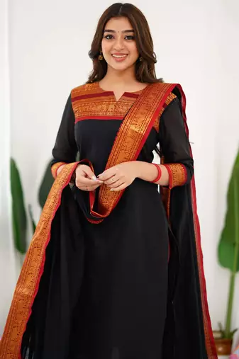 Black jacquard weaving kanchi cotton straight kurta dupatta set