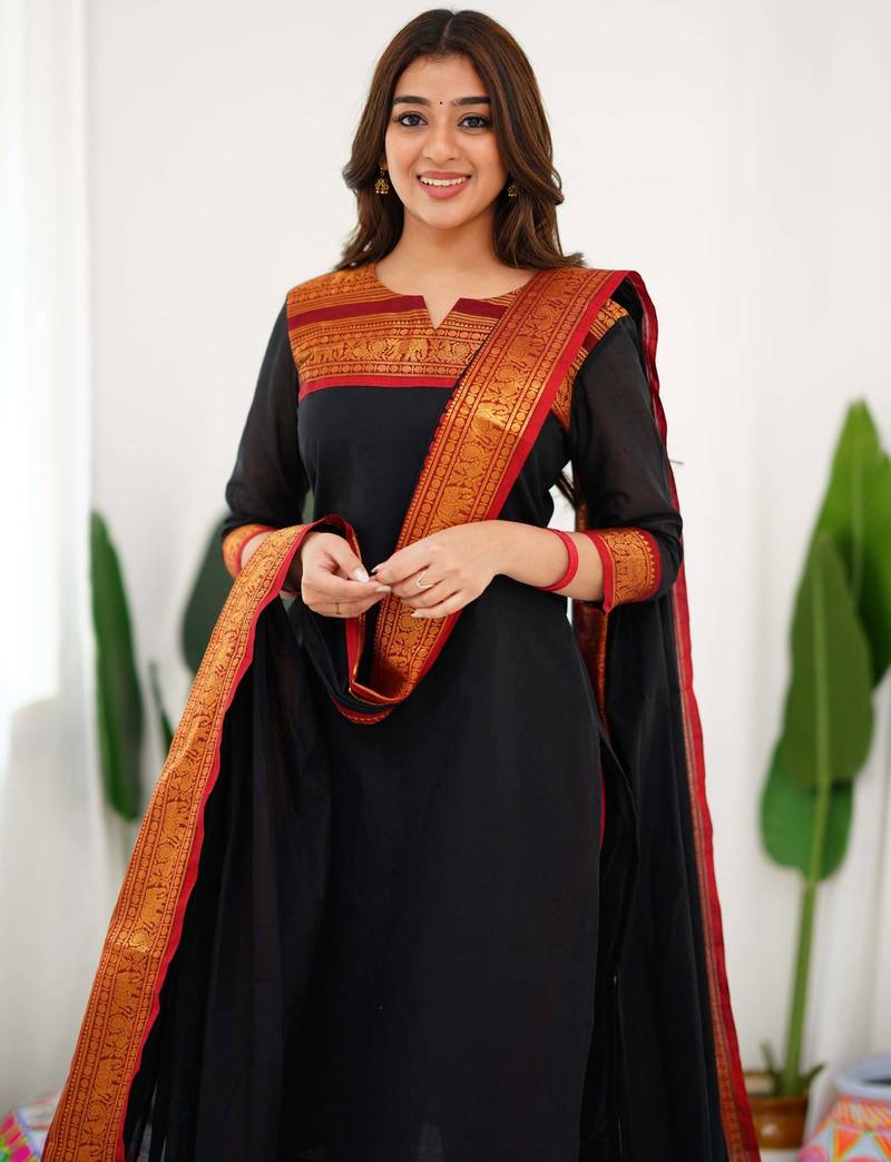 Black jacquard weaving kanchi cotton straight kurta dupatta set