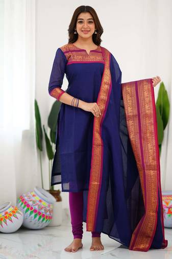 Blue jacquard weaving kanchi cotton straight kurta dupatta set
