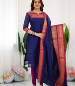 Blue jacquard weaving kanchi cotton straight kurta dupatta set