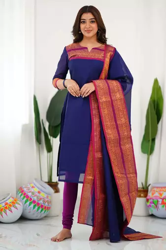 Blue jacquard weaving kanchi cotton straight kurta dupatta set