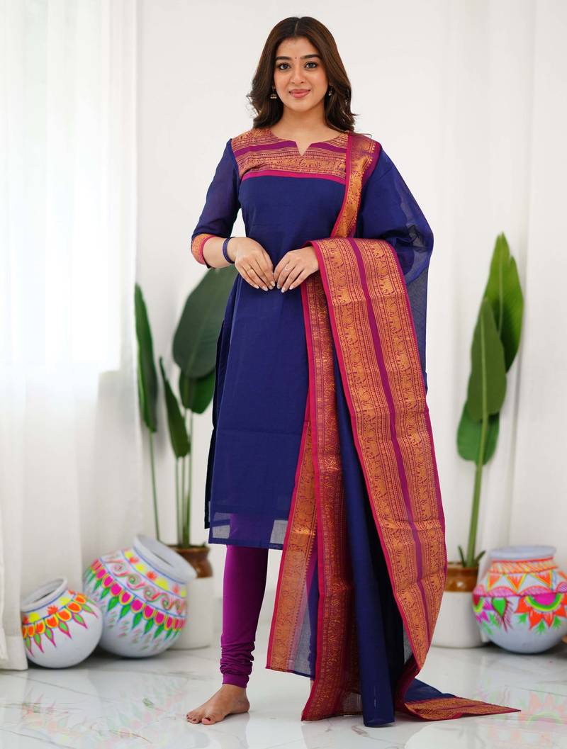 Blue jacquard weaving kanchi cotton straight kurta dupatta set