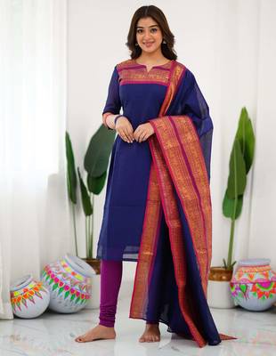 Blue jacquard weaving kanchi cotton straight kurta dupatta set 3