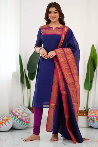 Blue jacquard weaving kanchi cotton straight kurta dupatta set