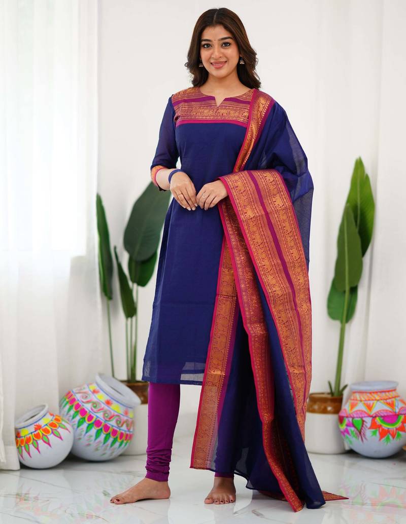 Blue jacquard weaving kanchi cotton straight kurta dupatta set