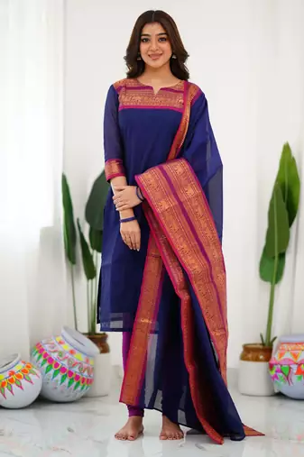 Blue jacquard weaving kanchi cotton straight kurta dupatta set