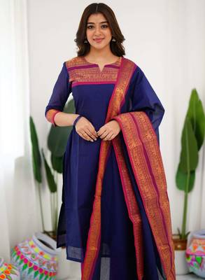 Blue jacquard weaving kanchi cotton straight kurta dupatta set 5