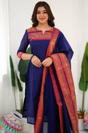 Blue jacquard weaving kanchi cotton straight kurta dupatta set