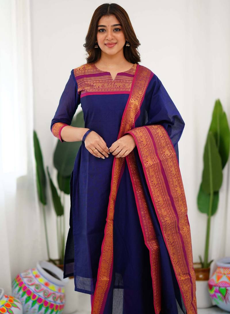 Blue jacquard weaving kanchi cotton straight kurta dupatta set