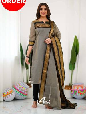 Cream jacquard weaving kanchi cotton straight kurta dupatta set 1