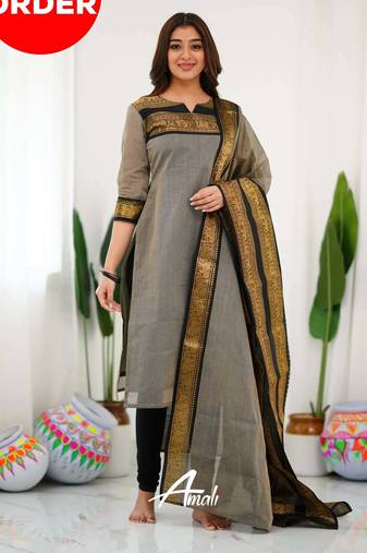 Cream jacquard weaving kanchi cotton straight kurta dupatta set