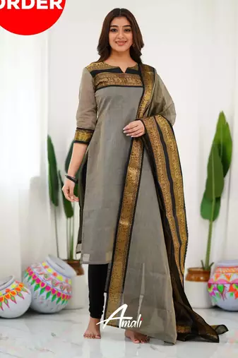 Cream jacquard weaving kanchi cotton straight kurta dupatta set