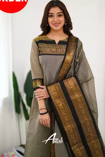 Cream jacquard weaving kanchi cotton straight kurta dupatta set