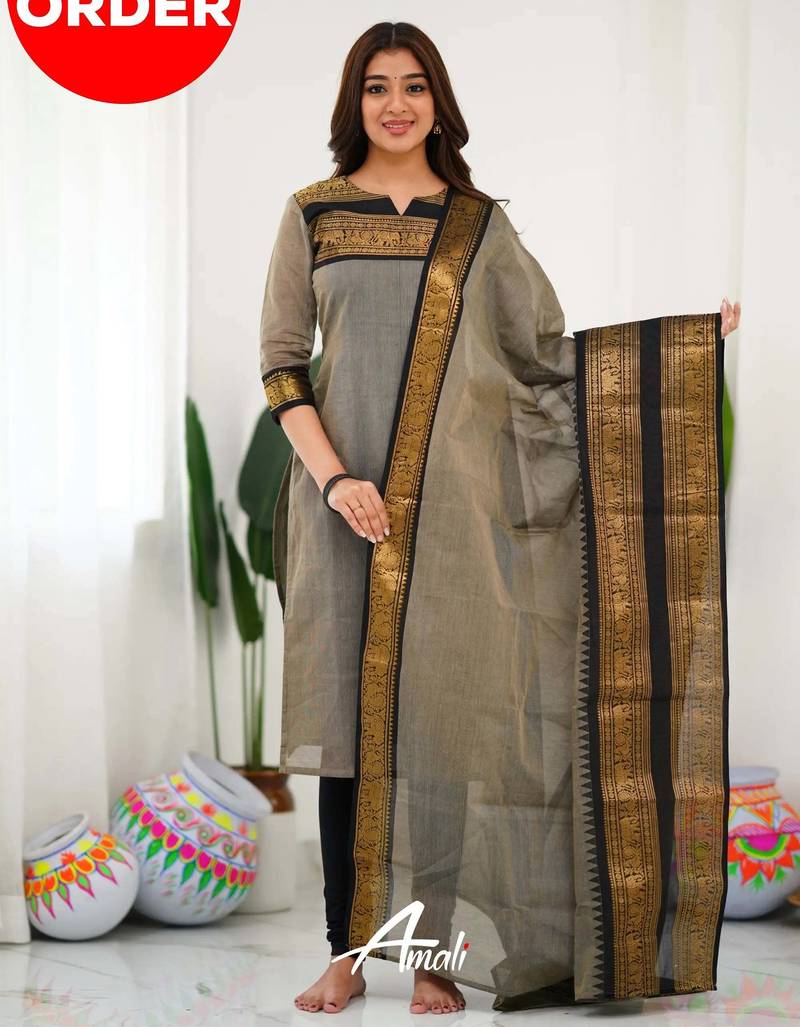 Cream jacquard weaving kanchi cotton straight kurta dupatta set