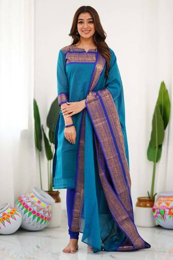 Teal-blue jacquard weaving kanchi cotton straight kurta dupatta set