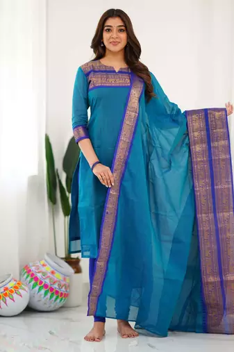 Teal-blue jacquard weaving kanchi cotton straight kurta dupatta set